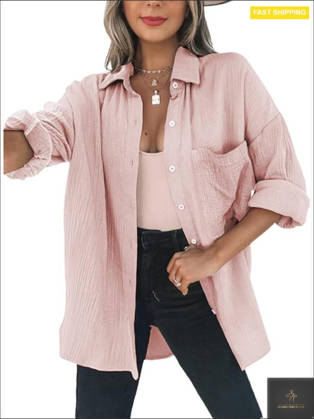 Oversized Button Down Blouse Long Sleeve Casual Boyfriend Fit Woven Cotton Top